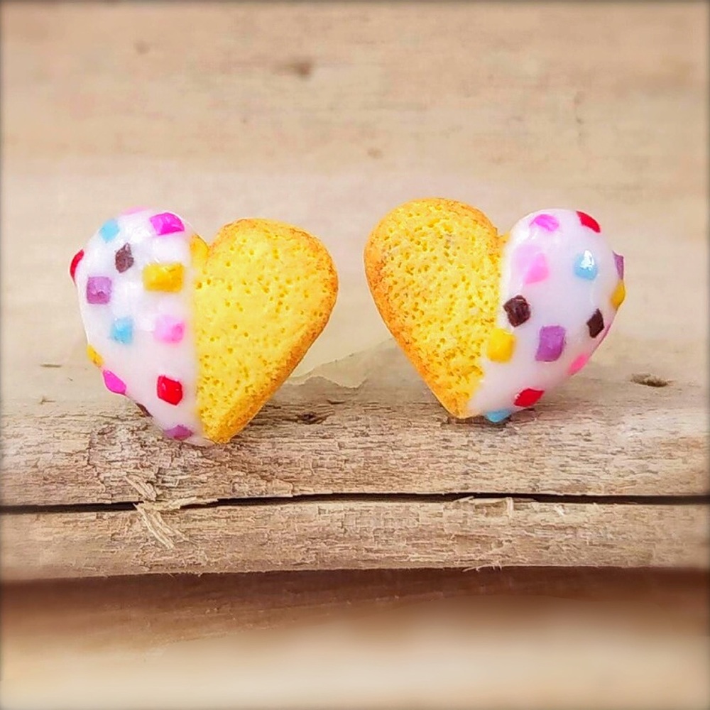 HANDMADE Heart Cookies w Sprinkles Stud Earrings